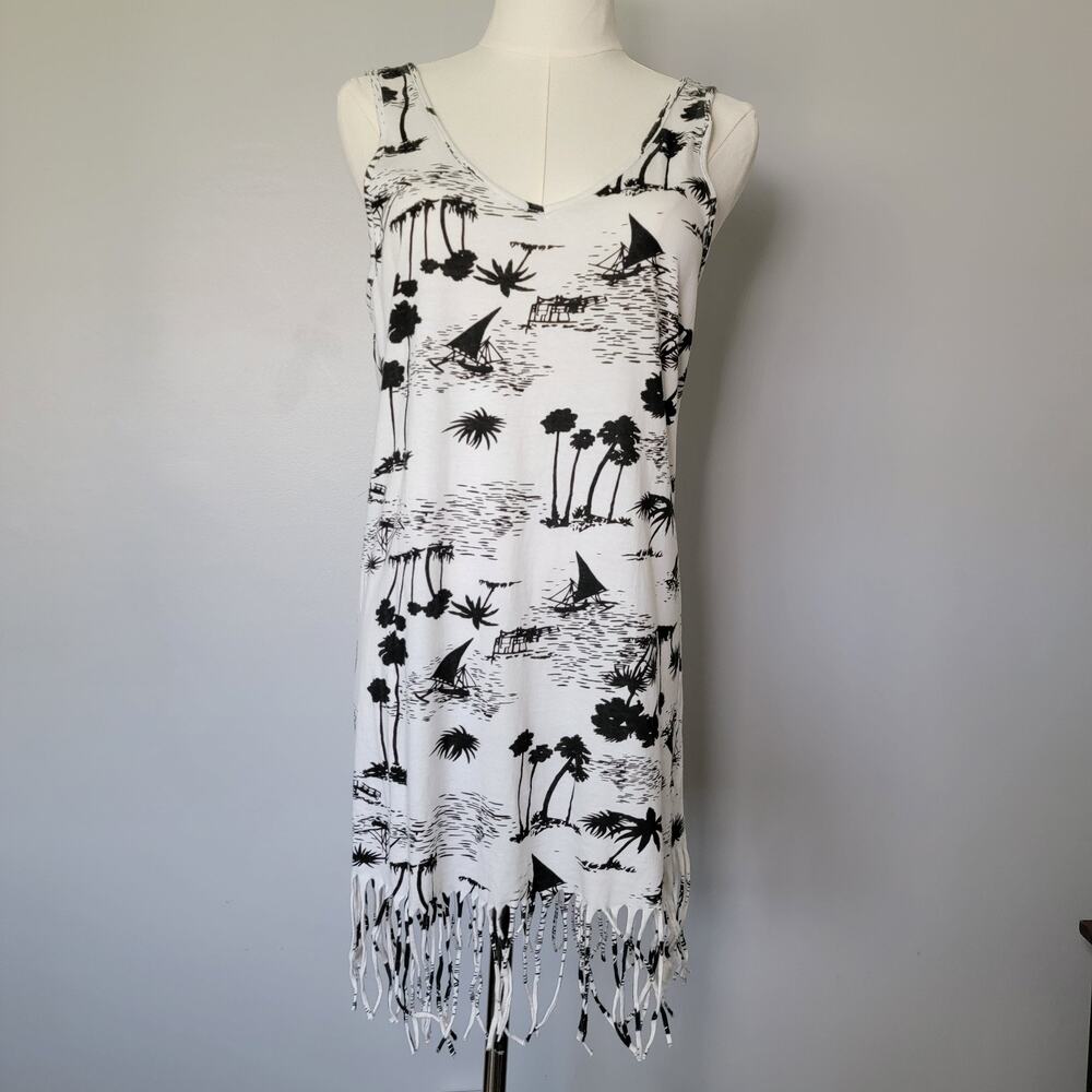 Lagaci Fringe Tank Top Women M Black White Tropical Palms Cover Up Casual Cotton